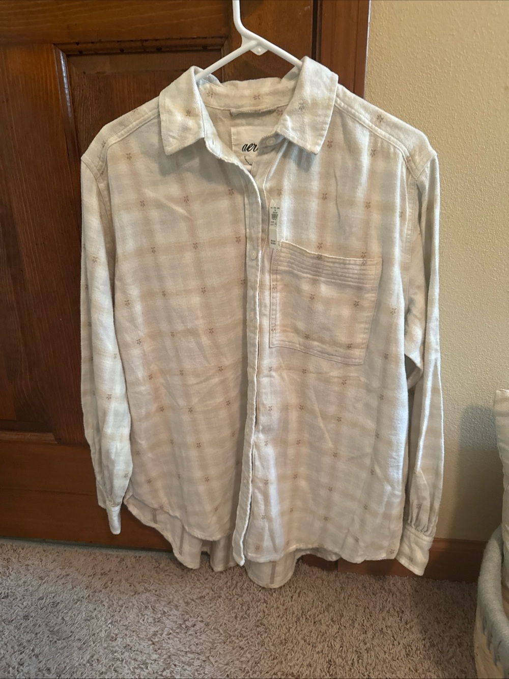 Aerie Shirt Womens XXS Beige/Brown Flannel Button Up Oversized Relaxed Fit